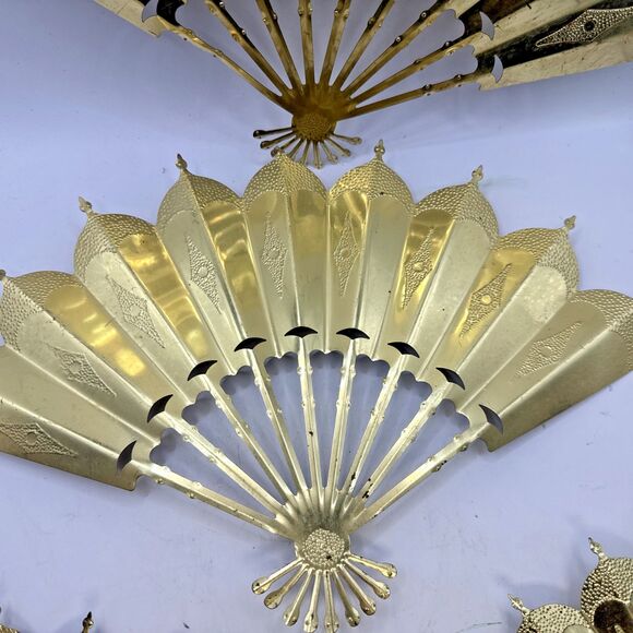 Vtg Home Interiors Gold Tone Fans Set Of 4 Wall Hanging Decor Oriental - Picture 4 of 7